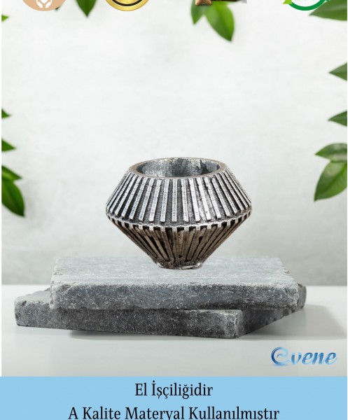 Gümüş Eskitme Mumluk Şamdan 3 Adet Tealight Uyumlu Elmas Çizgili Model